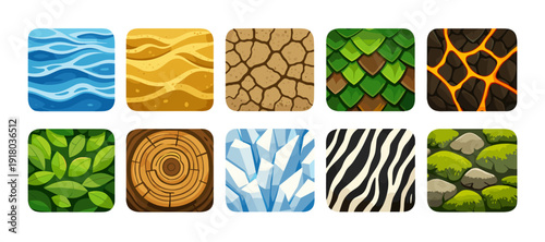 Nature texture and seamless pattern icon set, water, sand, stone, leaf, wood, animal print