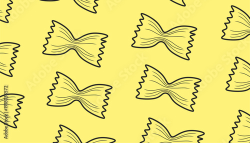 Farfalle Pasta Seamless Pattern. Hand Drawn Italian Food Background. Minimal Doodle Line Art. Kitchen Packaging Textile Design.