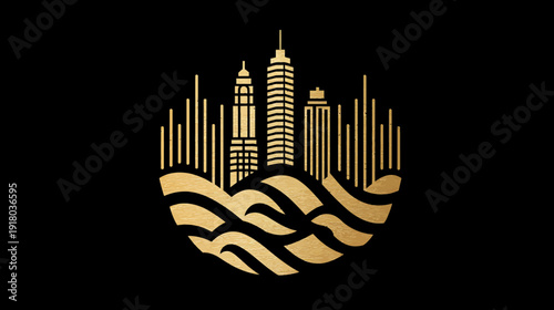 Golden City Skyline Illustration with Abstract Waves on Black, Modern Luxurious Urban Landscape Design Element, Elegant Graphic