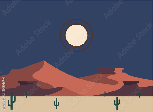 Desert Landscape with Cacti in Flat Design under Full Moon in Dark Blue Night Sky for Travel Brochure