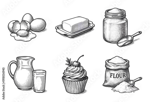 Set of vintage engraved baking ingredients and cupcake illustration including eggs butter sugar milk and flour.
