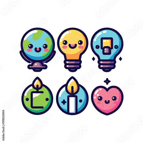 earth hour march eco cute flat globe and candle icon set