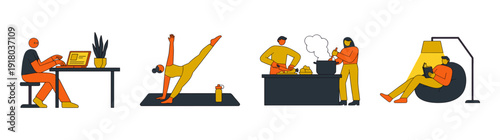 Minimalist Flat Vector Healthy Lifestyle Daily Routine Graphic Set for Work Life Balance Wellness