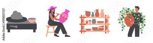 Flat Vector Pottery Studio and Ceramic Crafting Element Kit for Handmade Artisan Business