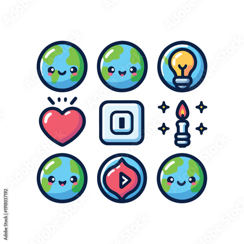 earth hour pastel kawaii energy saving icon collection
