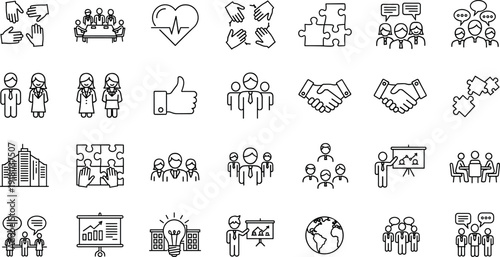 Business Teamwork and Communication Line Icons Set with Partnership Meeting Strategy and Corporate Collaboration Concepts