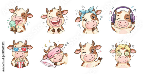 Cute Cow Character Sticker Set, Vector Illustration