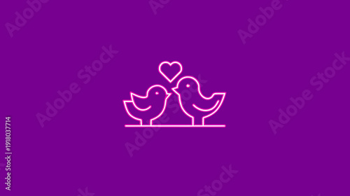 Cute outline illustration of two love birds with a heart above them on a vibrant purple background, symbolizing romance and affection.