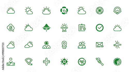 Set of green weather and interface icons on white background
