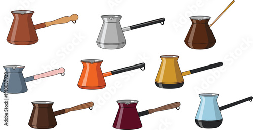 A large collection of colorful traditional Turkish coffee pots with different handle styles and metallic finishes isolated on a white background for cafe kitchen design.