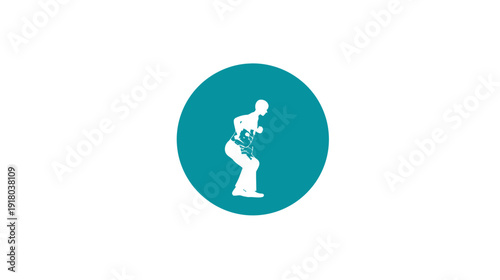 Dynamic human silhouette icon showing explosive movement or jump. Abstract illustration of power, fitness, and energy in a teal circle.