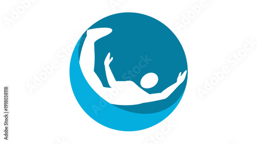 Abstract blue circular icon with a white stylized silhouette of a person falling, diving, or floating, dynamic concept.