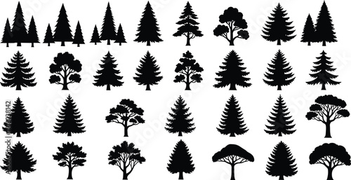 A massive set of black tree silhouettes including pines, firs, and various deciduous species isolated on a white background for landscape architecture and graphics.