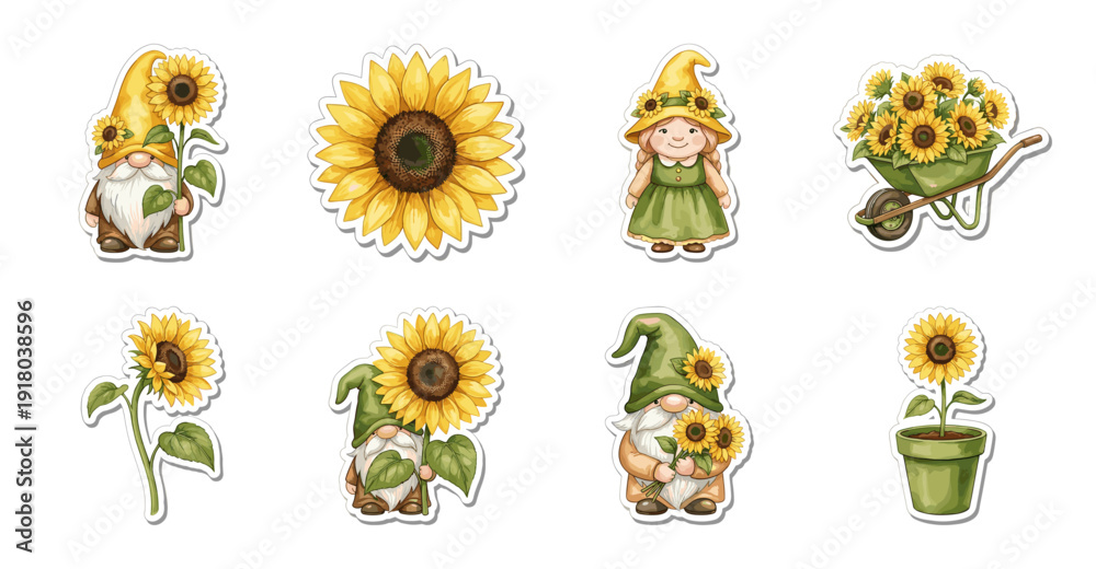 Fototapeta premium Sunflower Gnome Sticker Set with Cute Garden Elements