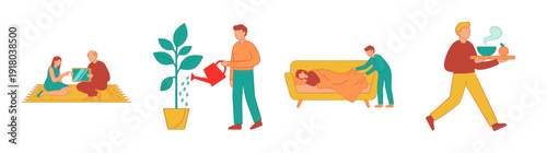 Flat Vector Caregiving and Daily Routine Character Element Kit for Healthcare and Family Support Services