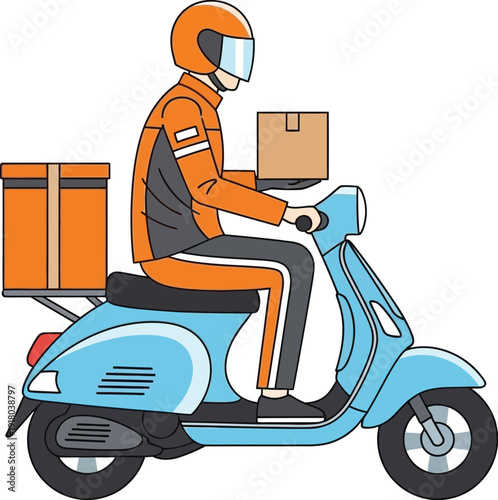 Dynamic illustration of a uniformed delivery person riding a blue scooter with orange insulated bags carrying a package conveying speed and efficiency in urban logistics