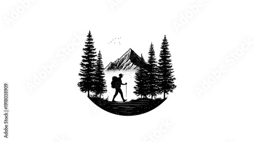 Mountain Hiking and Trekking Adventure Silhouette. Forest Landscape with Pine Trees and Hiker. Outdoor Nature Exploration Illustration.