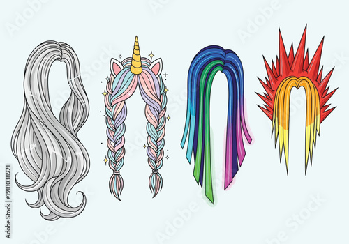 Set of creative fantasy and punk hairstyle illustrations on white