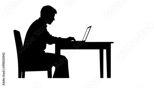 Three silhouettes of people working on laptops and tablets at tables and chairs in a minimalist style | editable eps vectors
