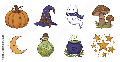 Vintage Halloween Stickers Set, Cute Autumn Vector Illustrations