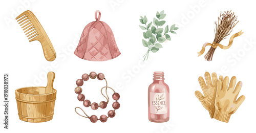 Sauna and Spa Accessories Set, Watercolor Illustration