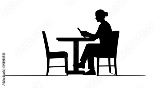 Three silhouettes of people working on laptops and tablets at tables and chairs in a minimalist style | editable eps vectors