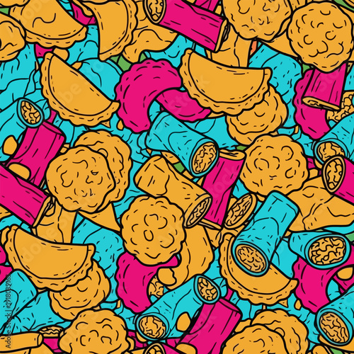 Vibrant collection of traditional Indonesian fried snacks in energetic food pattern