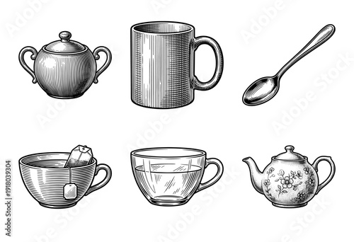 Vintage style tea and coffee service collection featuring hand drawn engravings of a teapot, mugs, cups, sugar bowl, and spoon.