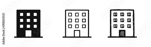 Apartment building icon set for urban real estate in glyph, outline, and doodle styles, perfect for city life.