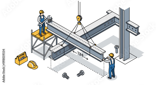 Construction Workers Assembling Metal Beam Structure.