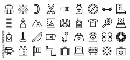 Camping and outdoor adventure line icon set. Vector pictograms of backpack, compass, tent, flashlight, boots, binoculars, and climbing gear, thick outline illustration.