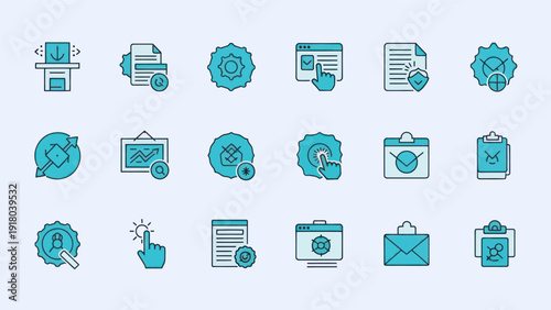 Set of outline web icons representing digital interface and workflow
