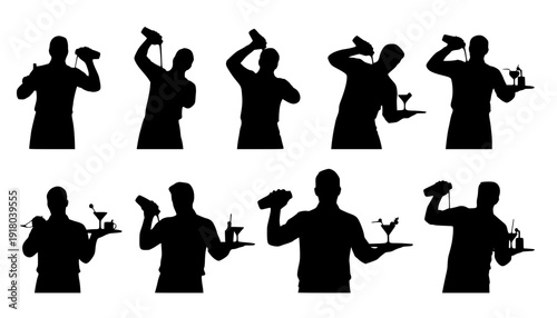 Set of bartender silhouette vector on white background