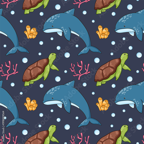 Seamless pattern of cartoon style underwater animal dolphin, turtle, coral and bubble on a white background for sea and marine themed design.