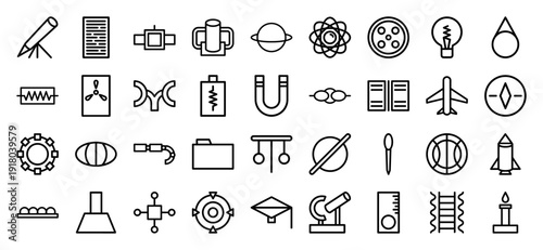 Science and education line icon set. Vector pictograms of telescope, atom, planet, magnet, rocket, microscope, molecule, and laboratory equipment, thick outline illustration.
