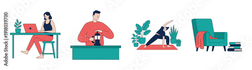 Flat Vector Remote Work and Wellness Graphic Set for Balanced Lifestyle Content