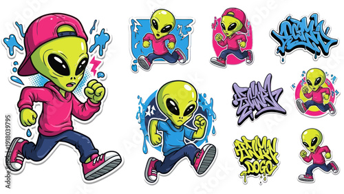 Cartoon alien character running with graffiti style elements isolated