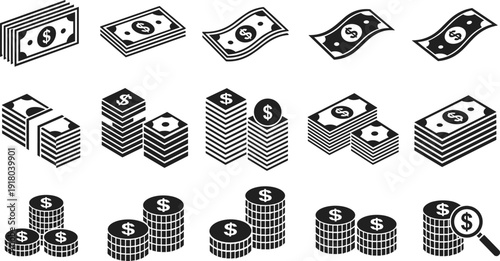 Black and white vector icons of money, featuring stacks of dollar bills, bundles of cash, piles of coins, and currency.