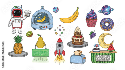 Cosmic Bakery: A whimsical illustration of an astronaut baker surrounded by a delightful array of celestial treats, blending space exploration with culinary artistry.