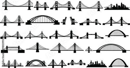 Bridge silhouettes, suspension bridge, arch bridge, cable-stayed bridge, truss bridge, drawbridge, cityscape illustration, architectural design, engineering structure, landmark art