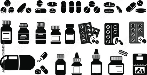 Set of medical medicine icons, including pills, capsules, tablet blister packs, and pharmacy drug bottles, cad drawing flat vector illustration, isolated on white