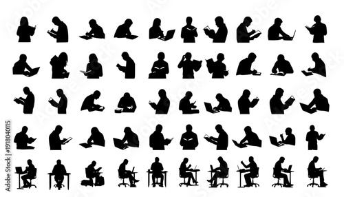 Studying people working silhouettes set, large pack of vector silhouette design, isolated white background