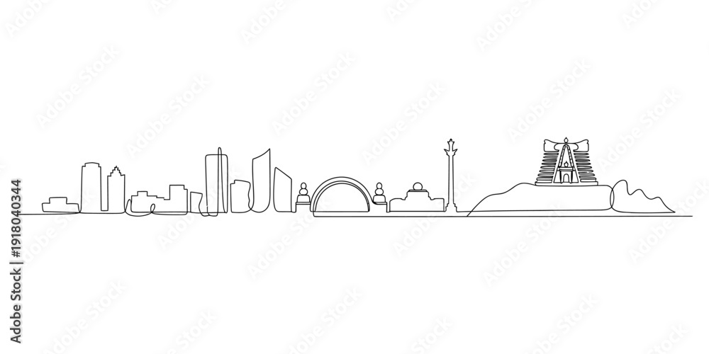Obraz premium Skyline of najaf city, iraq, featuring the imam ali shrine in a minimalist line art style. Vector, illustration