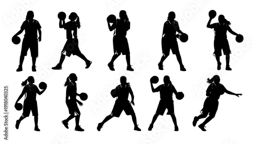 Vector silhouettes of girls highschool basketball players.