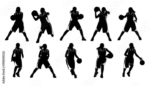 Vector silhouettes of girls highschool basketball players.