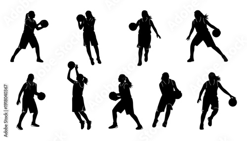 Vector silhouettes of girls highschool basketball players.