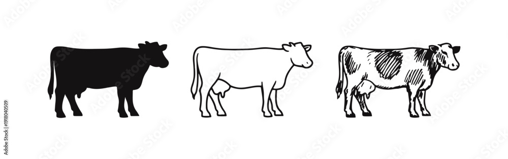 Fototapeta premium Farm Cow Icons: Solid Shape, Clear Outline, and Rustic Hand-Drawn Designs