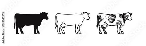 Farm Cow Icons: Solid Shape, Clear Outline, and Rustic Hand-Drawn Designs