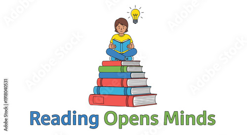 Education and literacy vector icon featuring a child reading on a stack of books with a lightbulb, symbolizing knowledge and learning.