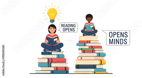Education and literacy concept icon. Includes reading, learning, knowledge, and inspiration symbols. Created in colorful style with vibrant palette.